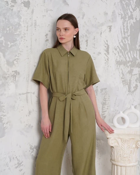 Kuşaklı gömlek yaka salaş tulum haki s255822 - 2