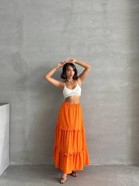 Fırfırlı brodeli astarlı uzun etek turuncu s255047 - Resim 7