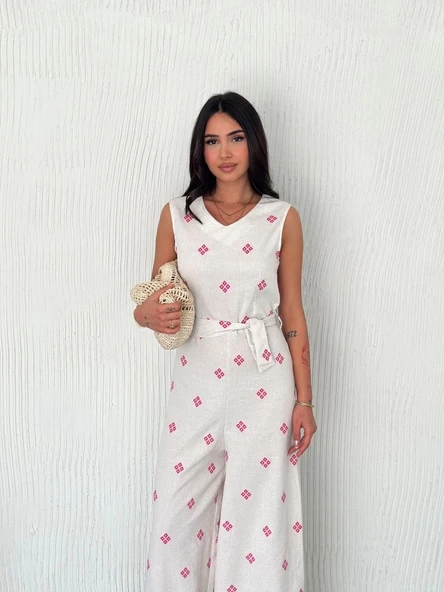 Sırt dekolteli keten beyaz tulum S1036 - Resim 3