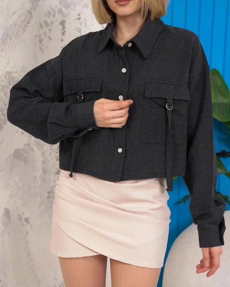 Kemer cepli keten crop gömlek siyah s255350 - Resim 3