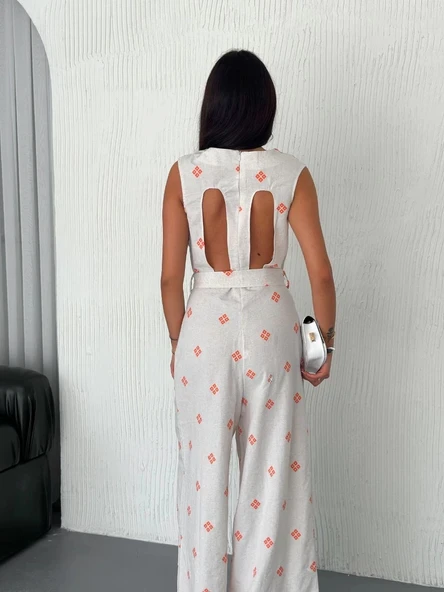 Sırt dekolteli keten beyaz tulum S1036 - Resim 5