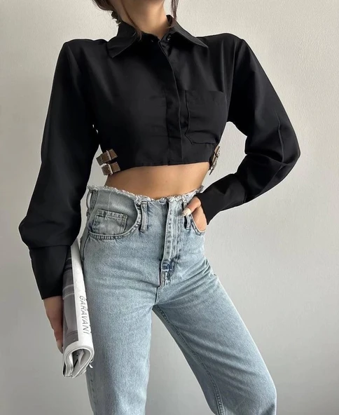 Yanı kemer detaylı crop gömlek siyah s4009 - Resim 7
