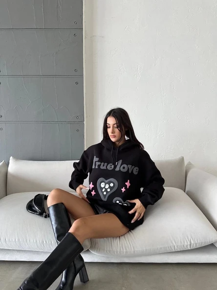 3 iplik şardonlu oversize true baskılı sweat siyah - Resim 3