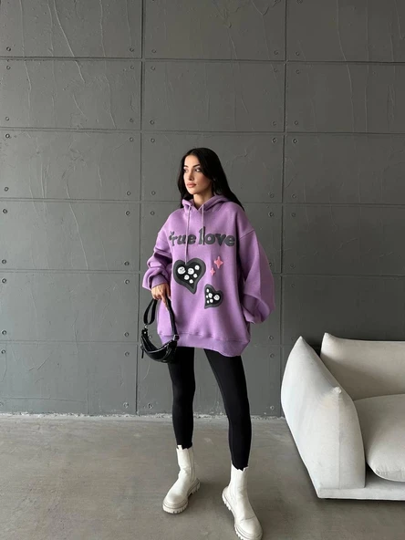 3 iplik şardonlu oversize true baskılı sweat mor ürün görseli