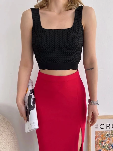 Yırtmaçlı esnek kumaş midi boy etek koyu kırmızı - Resim 3