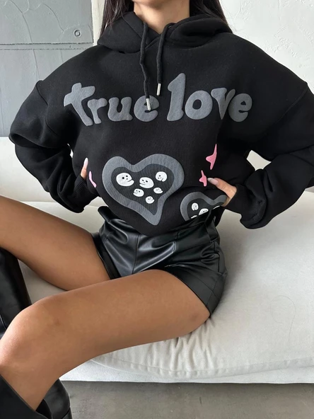 3 iplik şardonlu oversize true baskılı sweat siyah - Resim 2