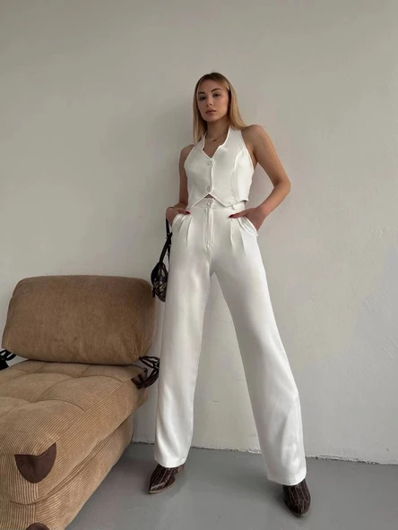 Palazzo pantolon beyaz s23211 - Resim 4