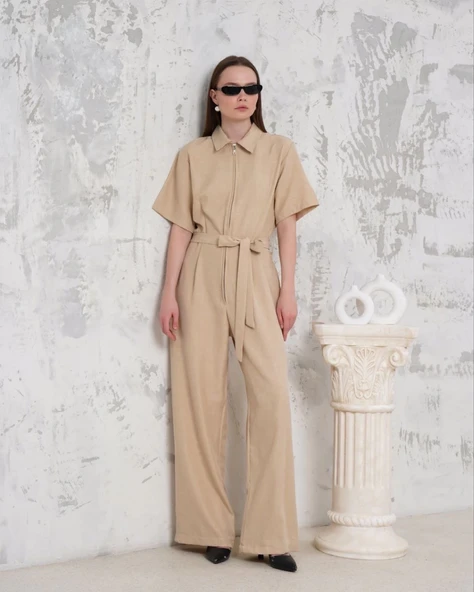 Kuşaklı gömlek yaka salaş tulum bej s255822 - 6