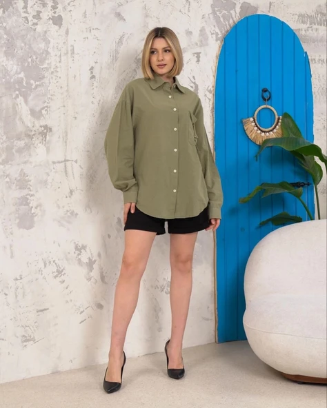 Relax fit keten gömlek haki s255349 - Resim 4