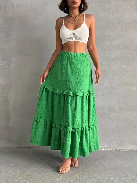 Fırfırlı brodeli astarlı uzun etek yeşil s255047 - Resim 6