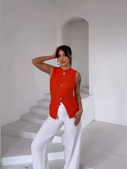 Kadın turuncu bisiklet yaka gold düğmeli ottoman bluz s2310 - Resim 3