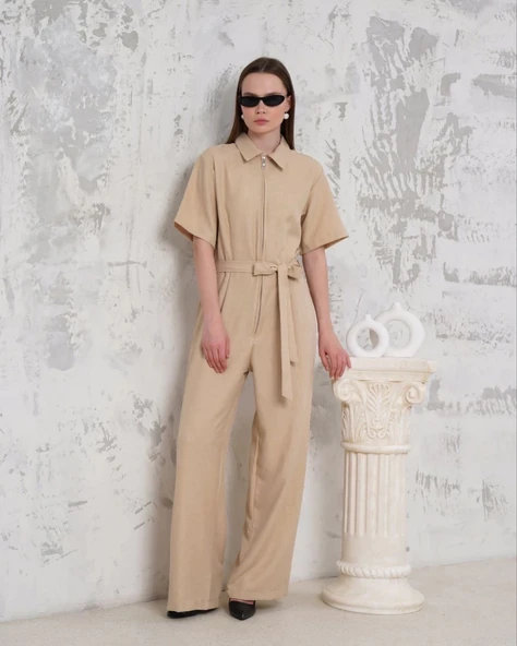 Kuşaklı gömlek yaka salaş tulum bej s255822 - 2