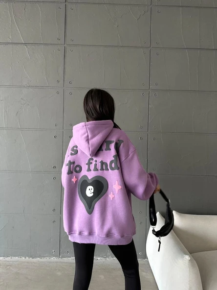3 iplik şardonlu oversize true baskılı sweat mor - Resim 5