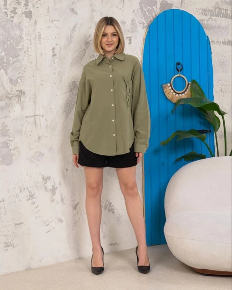 Relax fit keten gömlek haki s255349 - Resim 5