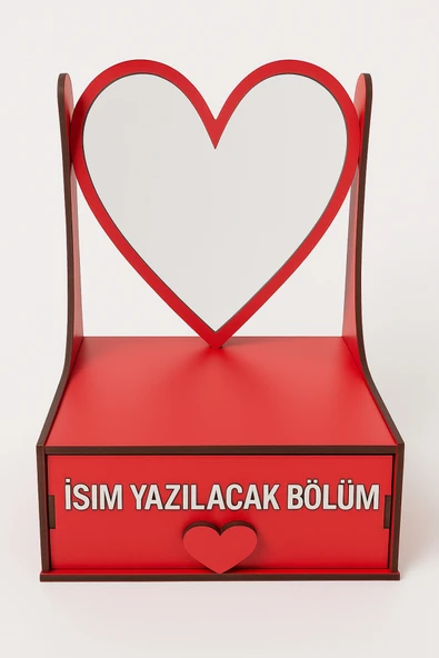 Kişiye Özel İsim Yazılı Ahşap Kırmızı Kalpli Ayna ve Çekmeceli Organizer Kutusu - 7