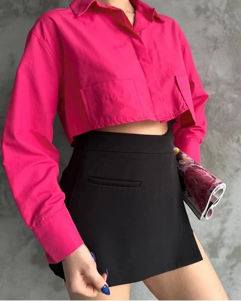 Poplin crop gömlek fuşya s3060 - Resim 2