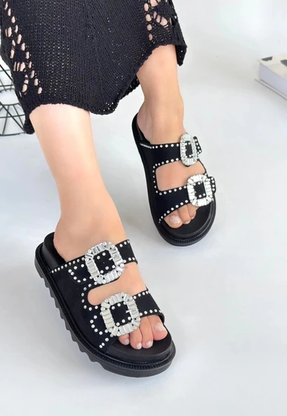 Juana Siyah Nubuk  Taşlı Terlik - Resim 2