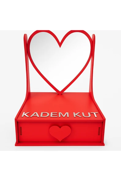 Kişiye Özel İsim Yazılı Ahşap Kırmızı Kalpli Ayna ve Çekmeceli Organizer Kutusu - 4