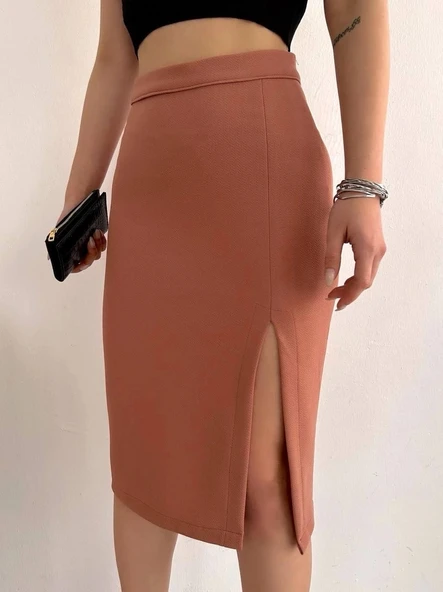 Uzun midi boy yırtmaçlı etek somon s24907 ürün görseli