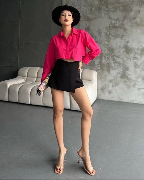 Poplin crop gömlek fuşya s3060 ürün görseli