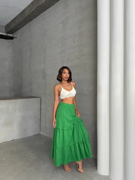 Fırfırlı brodeli astarlı uzun etek yeşil s255047 - Resim 4