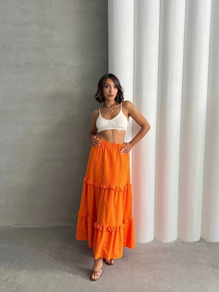 Fırfırlı brodeli astarlı uzun etek turuncu s255047 - Resim 5