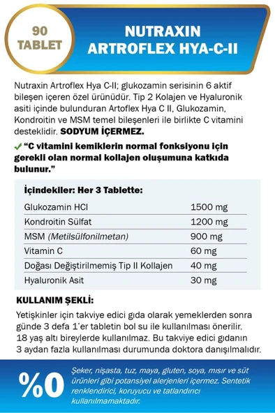 Nutraxin Artroflex Hya-c-ıı 90 tablet Glukozamin Kondrroitin MSM Tip II Kolajen Hyalüronik Asit - 2