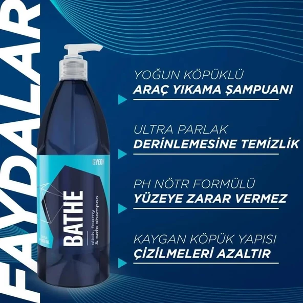 GYEON Q²M Bathe PH Nötr Cilalı Oto Şampuanı - 1000 ml -Yüksek Konsantre Jel Araç Yıkama Köpüğü - 3