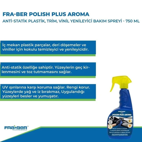 FRA-BER Polish Plus Aroma Antistatik Plastik, Trim, Vinil Yenileyici Bakım Spreyi - 750 Ml - 4