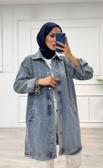 Taşlı tunik ceket kar yıkamalı mavi d2516 - Resim 7