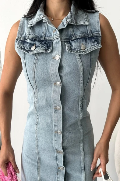 Sıfır kol kar yıkama tunik ceket mavi d2520 - Resim 5