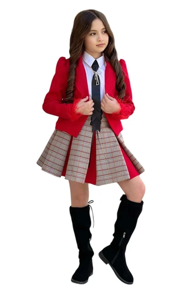 Kız Çocuk Blazer Ceket, Kravat Çizgili Kırmızı Etekli Takım - Resim 3