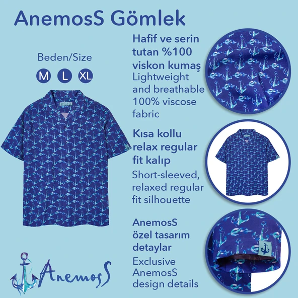Anemoss Çapa Desenli %100 Viskon Yumuşak Nefes Alabilir Kumaşlı Erkek Gömlek - 7