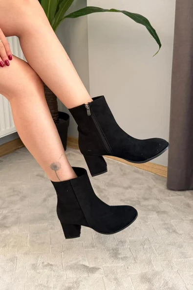 Kadın Marta Siyah Süet 6 cm Kalın Topuklu Yumurta  Burun Fermuarlı Bot - 2