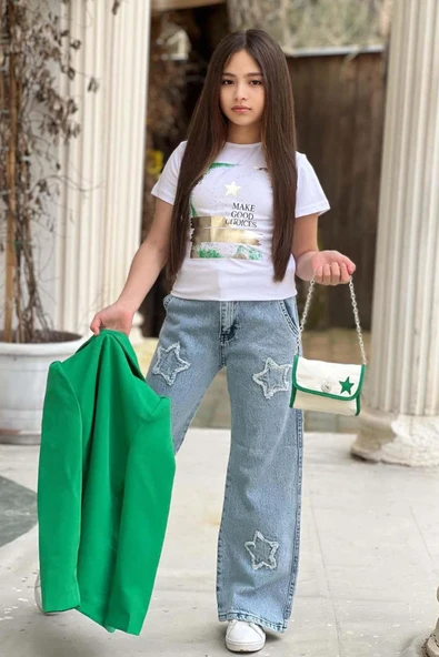 Kız Çocuk Baskılı T-shirt Bol Kesim Yıldız Detaylı Jean Pantolon Yeşil Blazer Ceket Alt Üst Takım - 3