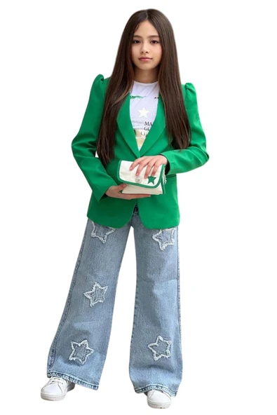 Kız Çocuk Baskılı T-shirt Bol Kesim Yıldız Detaylı Jean Pantolon Yeşil Blazer Ceket Alt Üst Takım - 6