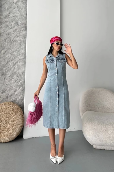 Sıfır kol kar yıkama tunik ceket mavi d2520 - Resim 4