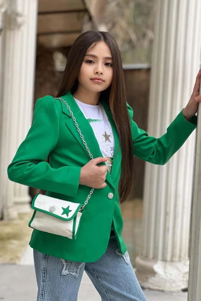 Kız Çocuk Baskılı T-shirt Bol Kesim Yıldız Detaylı Jean Pantolon Yeşil Blazer Ceket Alt Üst Takım - 2