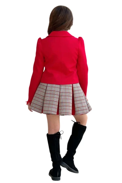 Kız Çocuk Blazer Ceket, Kravat Çizgili Kırmızı Etekli Takım - Resim 5