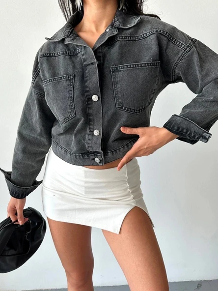 Çift cepli kol katlamalı süper taş enzim yıkama crop kot ceket füme d2000 - Resim 5