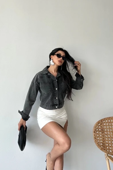 Çift cepli kol katlamalı süper taş enzim yıkama crop kot ceket füme d2000 - Resim 7