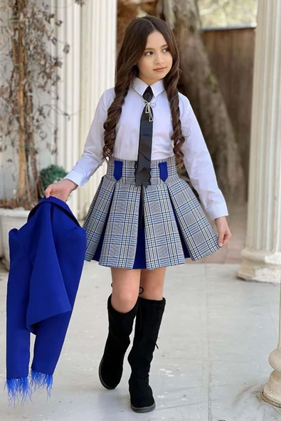 Kız Çocuk Blazer Ceket, Kravat Çizgili Parlament Mavi Etekli Takım - Resim 2