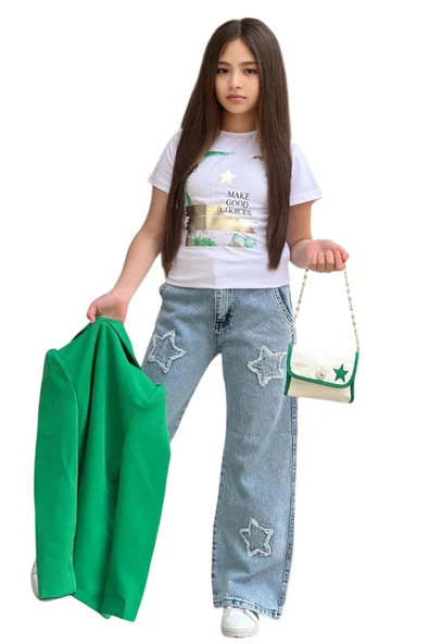 Kız Çocuk Baskılı T-shirt Bol Kesim Yıldız Detaylı Jean Pantolon Yeşil Blazer Ceket Alt Üst Takım - 7