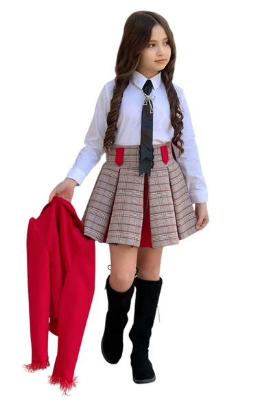Kız Çocuk Blazer Ceket, Kravat Çizgili Kırmızı Etekli Takım - Resim 4