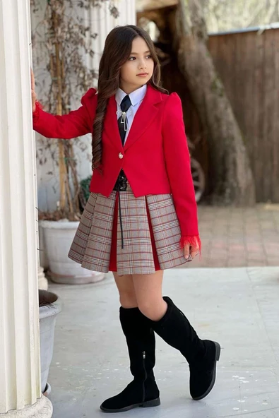 Kız Çocuk Blazer Ceket, Kravat Çizgili Kırmızı Etekli Takım - Resim 6