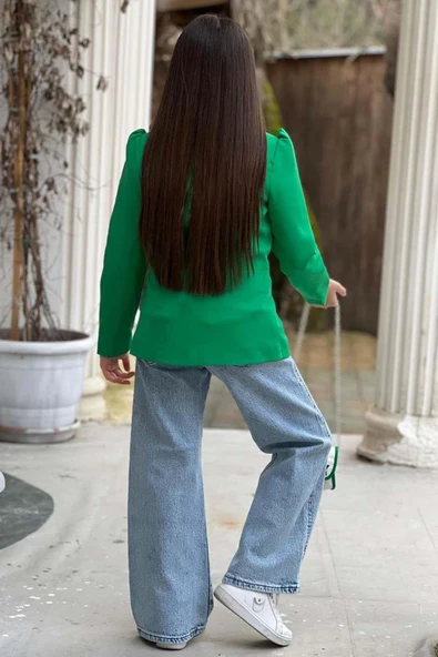 Kız Çocuk Baskılı T-shirt Bol Kesim Yıldız Detaylı Jean Pantolon Yeşil Blazer Ceket Alt Üst Takım - 4