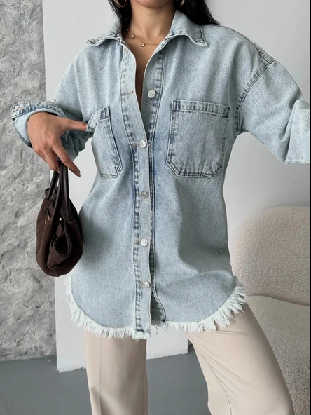 Cepli püsküllü kar yıkama kot ceket mavi d2515 - Resim 6