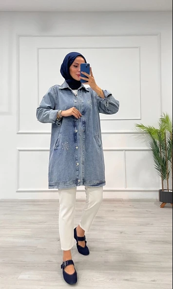 Taşlı tunik ceket kar yıkamalı mavi d2516 ürün görseli