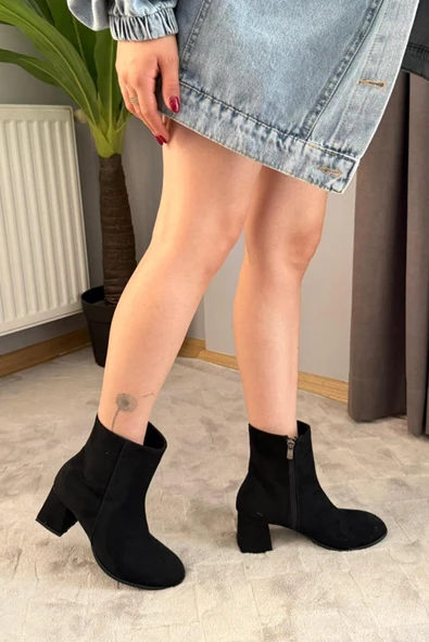 Kadın Marta Siyah Süet 6 cm Kalın Topuklu Yumurta  Burun Fermuarlı Bot - 5