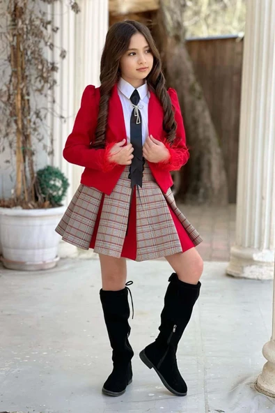 Kız Çocuk Blazer Ceket, Kravat Çizgili Kırmızı Etekli Takım - Resim 7